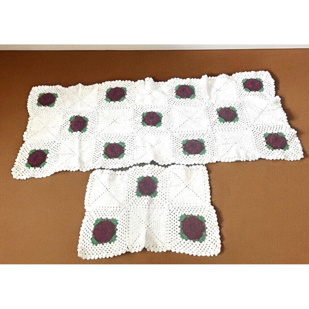 Vtg Crochet 3D Red Rose Dresser Scarves Table Runner Handmade Doily Set Cottage